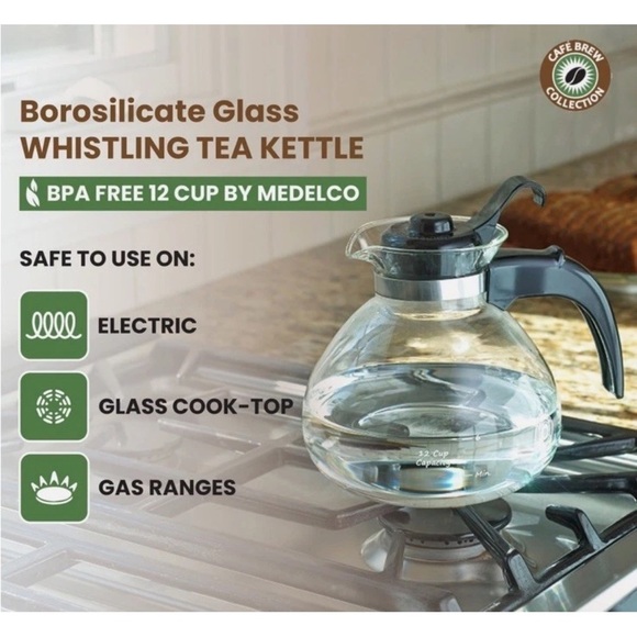 Cafe Brew Glass 12 Cup Stove Top Whistling Tea Kettle Germany 2333 - Picture 2 of 16